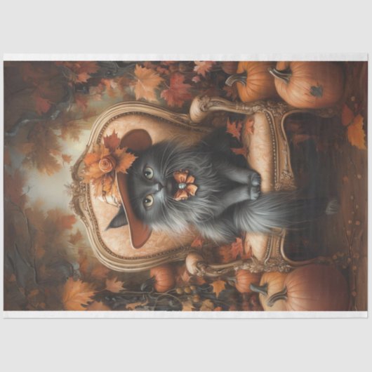 Papier Mousseline Découpage Whimsical Black Cat Automne Portrait (Recto)