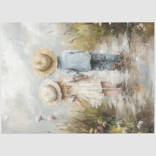 Papier Mousseline Découpage Whimsical Boy Girl Walking Mud Road (Recto)