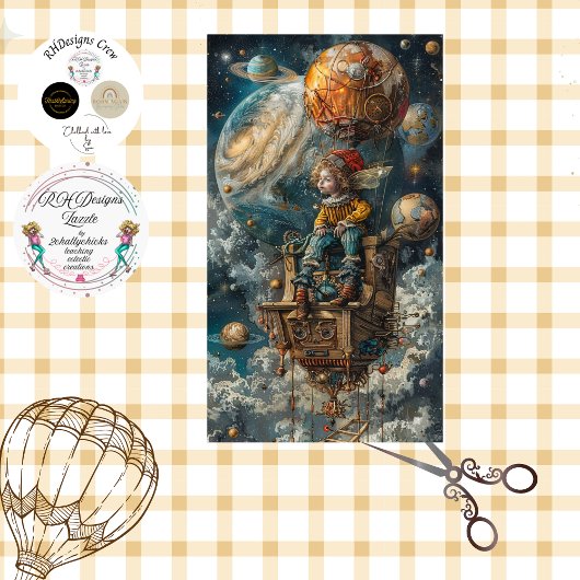 Papier Mousseline Découpage Whimsical Boy Riding in Hot Air Balloon