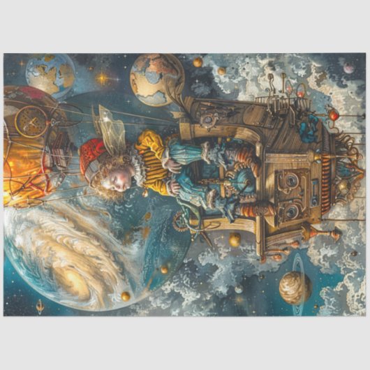 Papier Mousseline Découpage Whimsical Boy Riding in Hot Air Balloon (Recto)