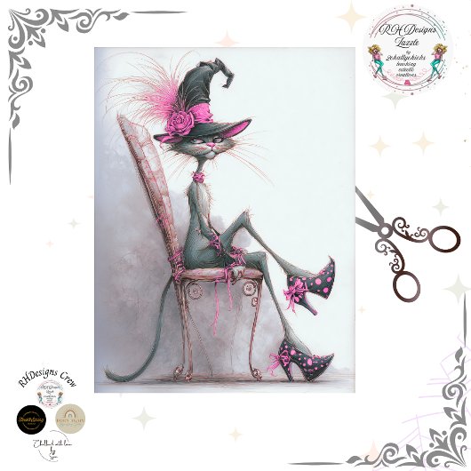 Papier Mousseline Decoupage Whimsical Cat Witch High Heels Catwalk