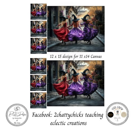 Papier Mousseline Decoupage Whimsical Halloween Witches 11x14 Canvas