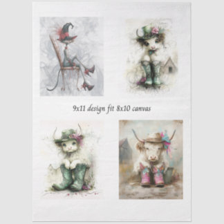 Papier Mousseline Decoupage Whimsical Highland Calves and Cats