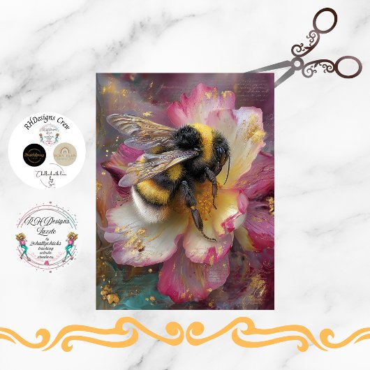 Papier Mousseline Decoupage Whimsical Vibrant Bumble Bee Pink Flower