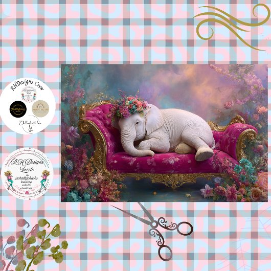 Papier Mousseline Decoupage Whimsical White Elephant Chaise Lounge 