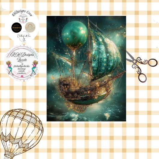 Papier Mousseline Découpage Whimsship Hot Air Balloon Greens