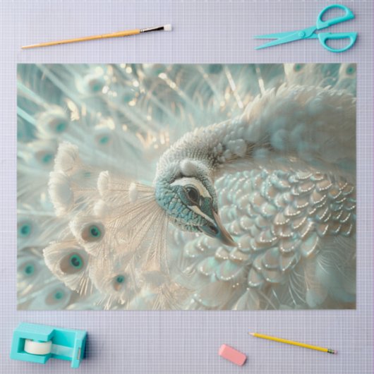 Papier Mousseline Decoupage White Peacock Frosted Elegance  (Artisanat)
