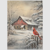 Papier Mousseline Decoupage Winter Scene Red Barn Cardinal Snow  (Recto)