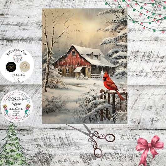 Papier Mousseline Decoupage Winter Scene Red Barn Cardinal Snow 
