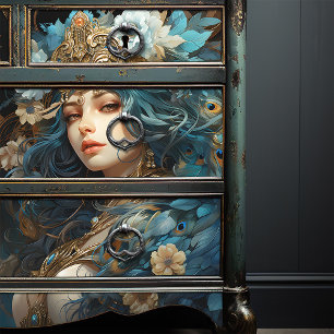 Papier Mousseline Déesse avec Coiffure Peacock Art Nouveau