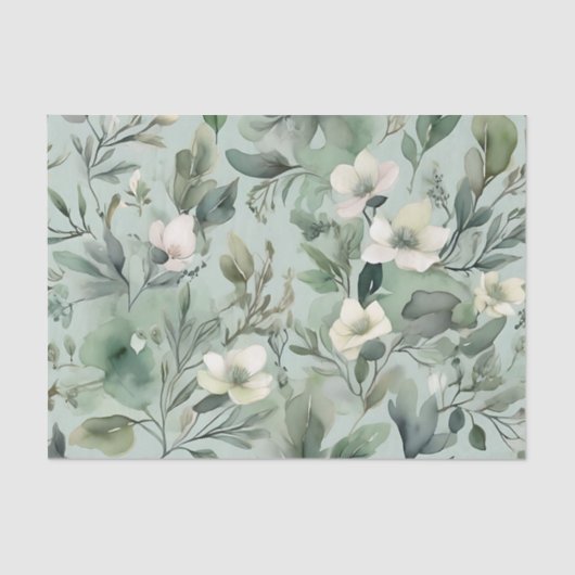 Papier Mousseline Délicat Sage vert motif floral (Recto)