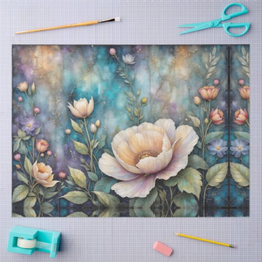 Papier Mousseline Delicate Apricot Cosmos on Teal (Artisanat)