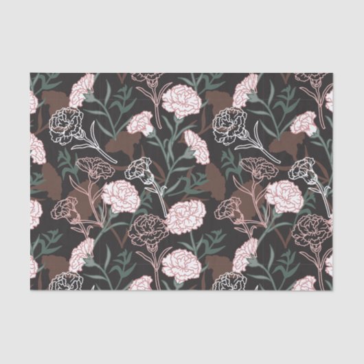 Papier Mousseline Délicates oeillets roses avec fleurs Feuilles vert (Recto)