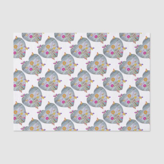 Papier Mousseline Denim Pocket Fleurs cardiaques Papillons (Recto)