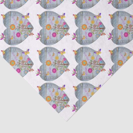 Papier Mousseline Denim Pocket Fleurs cardiaques Papillons (Détail)
