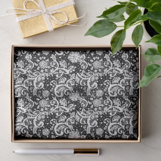 Papier Mousseline Dentelle blanche sur fond noir (Cadeau)