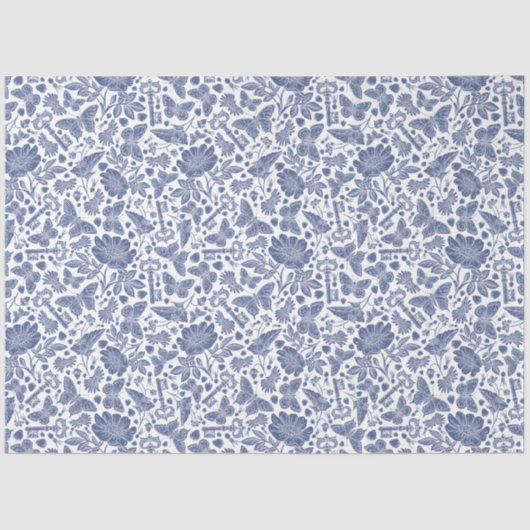 Papier Mousseline Design floral bleu avec oiseaux et papillons (Recto)