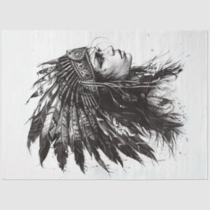 Papier Mousseline Dessin blanc noir de la dame amérindienne de Decpa