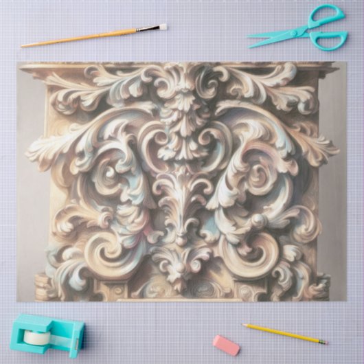 Papier Mousseline Dessin pastel d'architecture Pierre ornée sculptée (Artisanat)