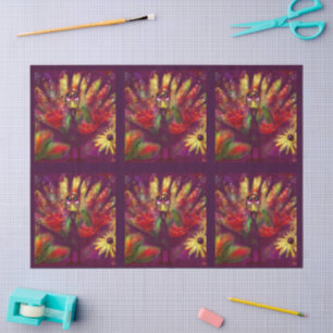 Papier Mousseline Dindon Oiseau Floral Rouge Jaune Découpage Fantais