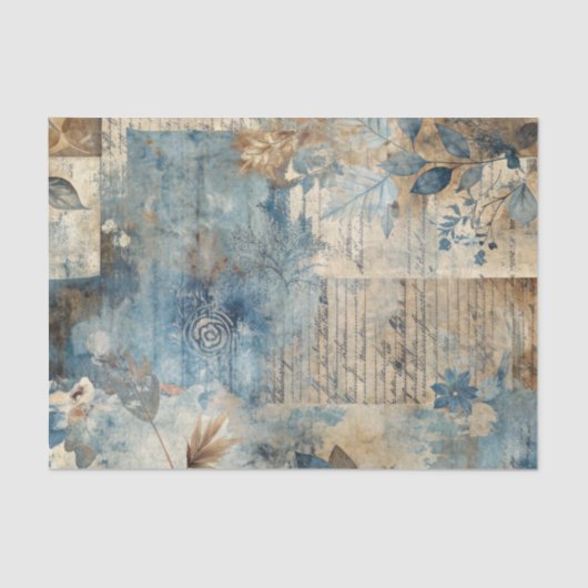 Papier Mousseline Distressed Ephemera Collage in Blue and Beige (Recto)