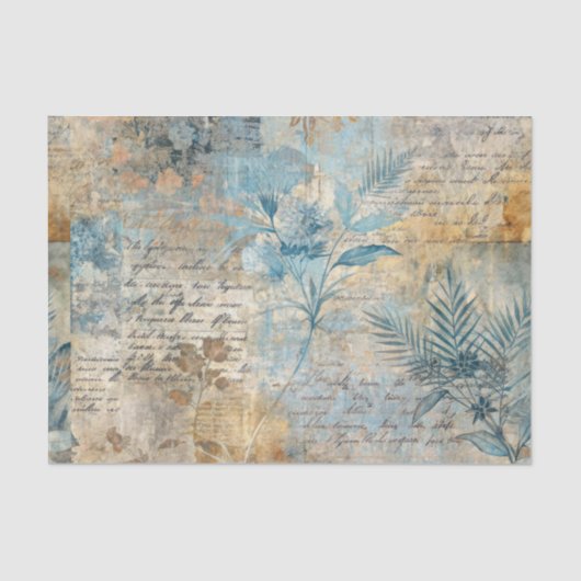 Papier Mousseline Distressed Grungy Blue Floral Ephemera Collage (Recto)