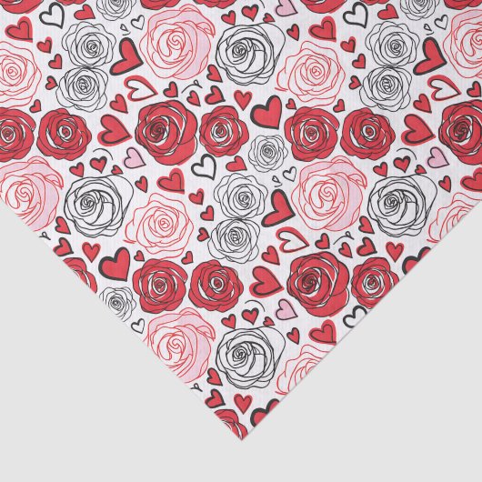 Papier Mousseline Doodle Art Style Red Pink Roses Hearts Valentine's (Détail)