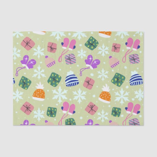 Papier Mousseline Doodle Noël Gants d'hiver Cadeaux Casquette Vert (Recto)