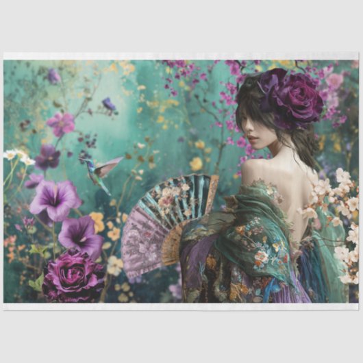 Papier Mousseline Dos de la femme, Imaginaire d'oiseaux et de fleurs (Recto)