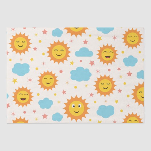 Papier Mousseline Doux soleil souriant avec nuages et étoiles Patter (Recto)