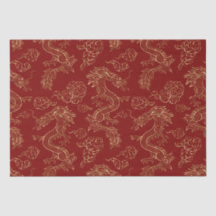 Papier Mousseline Dragon chinois or et rouge foncé