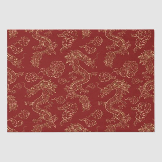 Papier Mousseline Dragon chinois or et rouge foncé (Recto)
