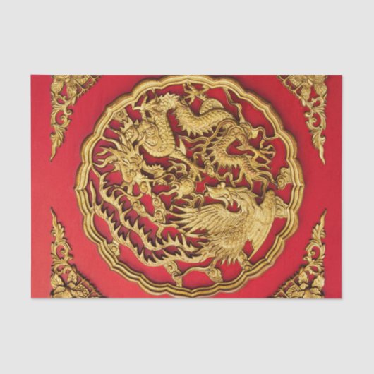 Papier Mousseline Dragon Rouge Doré Phénix Cadeau de Mariage Chinois (Recto)