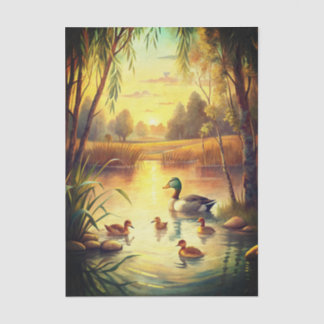 Papier Mousseline Duck and Ducklings in a Pond at Sunrise