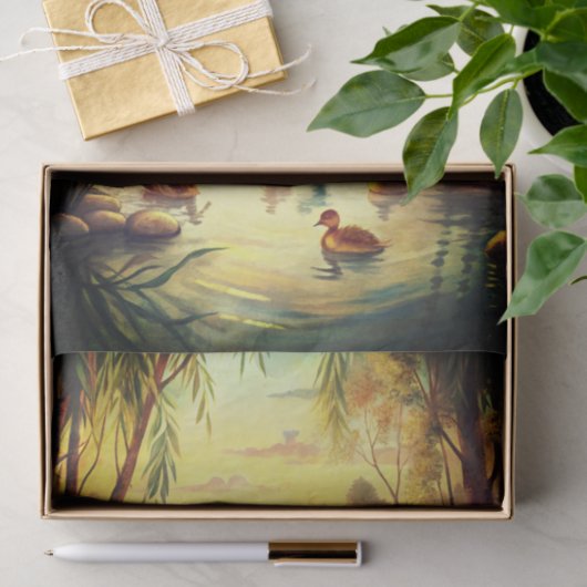 Papier Mousseline Duck and Ducklings in a Pond at Sunrise (Cadeau)