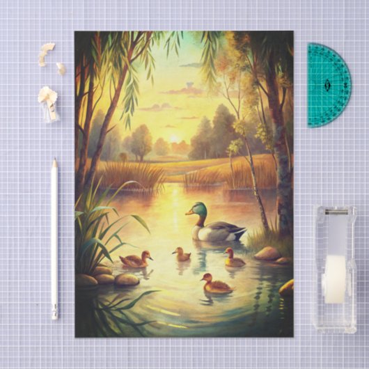 Papier Mousseline Duck and Ducklings in a Pond at Sunrise (Artisanat)