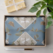 Papier Mousseline Dusty Blue Rustic Feuilles Brown Monogramme (Cadeau)