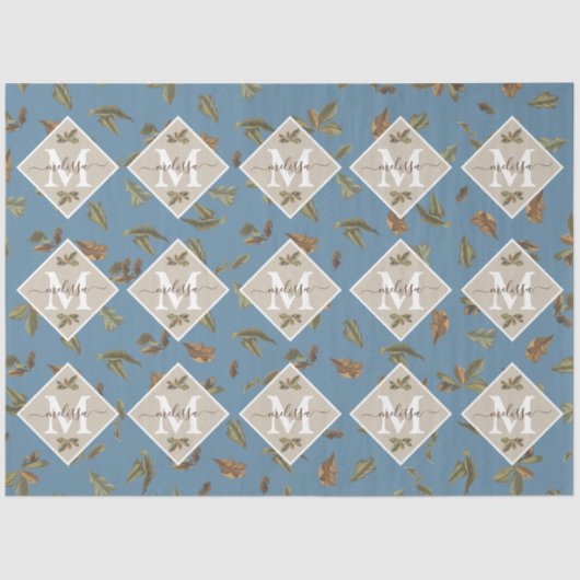 Papier Mousseline Dusty Blue Rustic Feuilles Brown Monogramme (Recto)