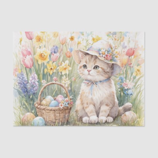 Papier Mousseline Easter Eggs Tulips and Cute Cat  (Recto)