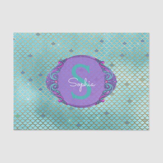 Papier Mousseline Échelle de sirène turquoise et violette Monogramme (Recto)