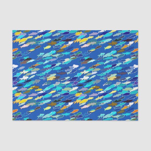 Papier Mousseline École de poisson, bleu foncé, blanc et turquoise (Recto)