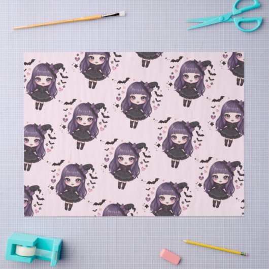 Papier Mousseline Éffrayant mignon fille sorcière violet motif (Artisanat)