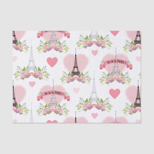 Papier Mousseline Eiffel Tower Flowers Pink Hearts Paris French (Recto)