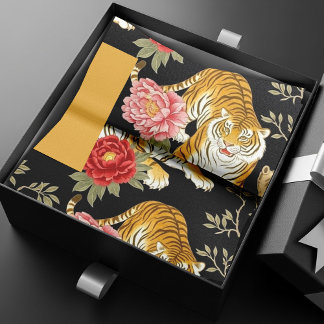 Papier Mousseline Elegant Black Chinoiserie Tiger and Peony Pattern