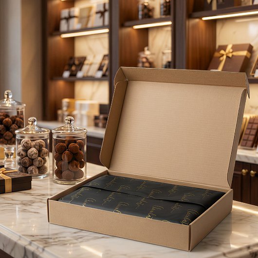 Papier Mousseline Elegant Black Gold Script Chocolatier Qr Code