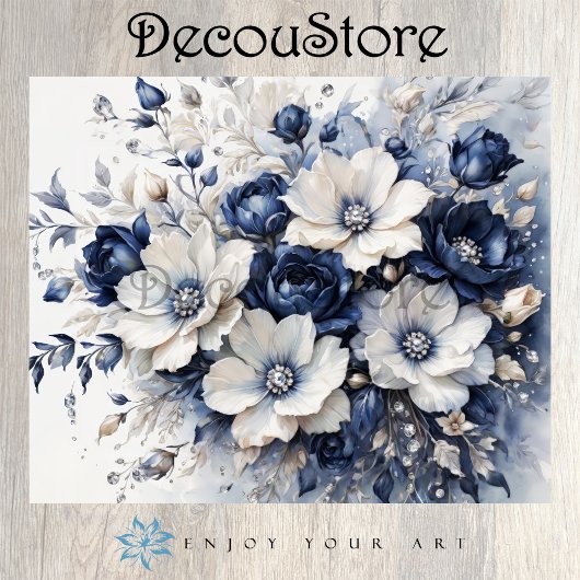 Papier Mousseline Elegant Blossoms in Blue & White Decoupage