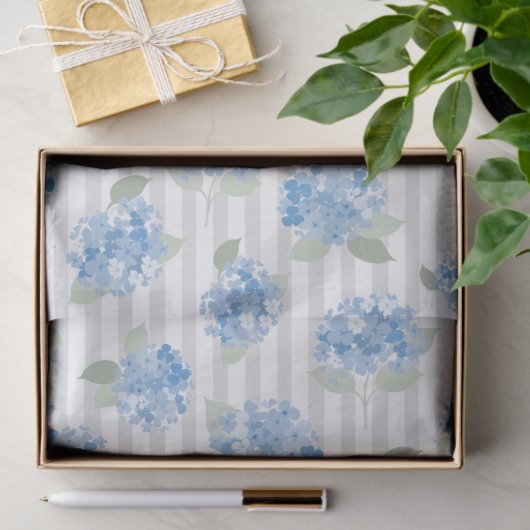 Papier Mousseline Elegant Blue Hydrangea Pattern Gray Stripe  (Cadeau)