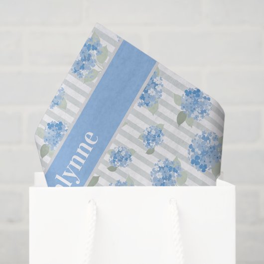 Papier Mousseline Elegant Blue Hydrangea Pattern Gray Stripe Name (Sac cadeau)