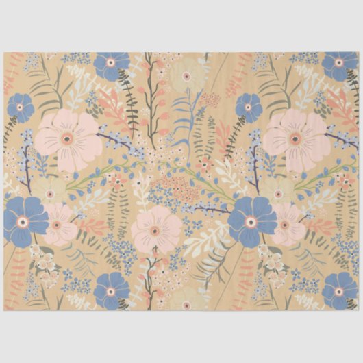Papier Mousseline Élégant Caramel bleu rose motif floral (Recto)