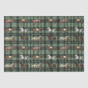 Papier Mousseline Élégant Chevaux Vintages à selle Vert Plaid